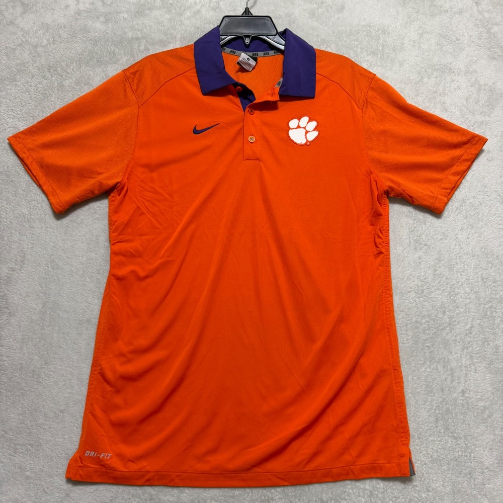 Vintage Nike Clemson Tigers Polo Shirt Men Medium Orange Purple Dri-Fit Golf